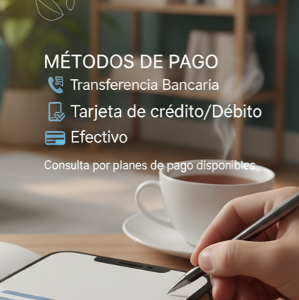 Formas de pago aceptadas: Efectivo, transferencia y tarjetas